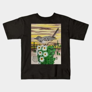 Arizona state bird and flower, the cactus wren and saguaro cactus flower Kids T-Shirt